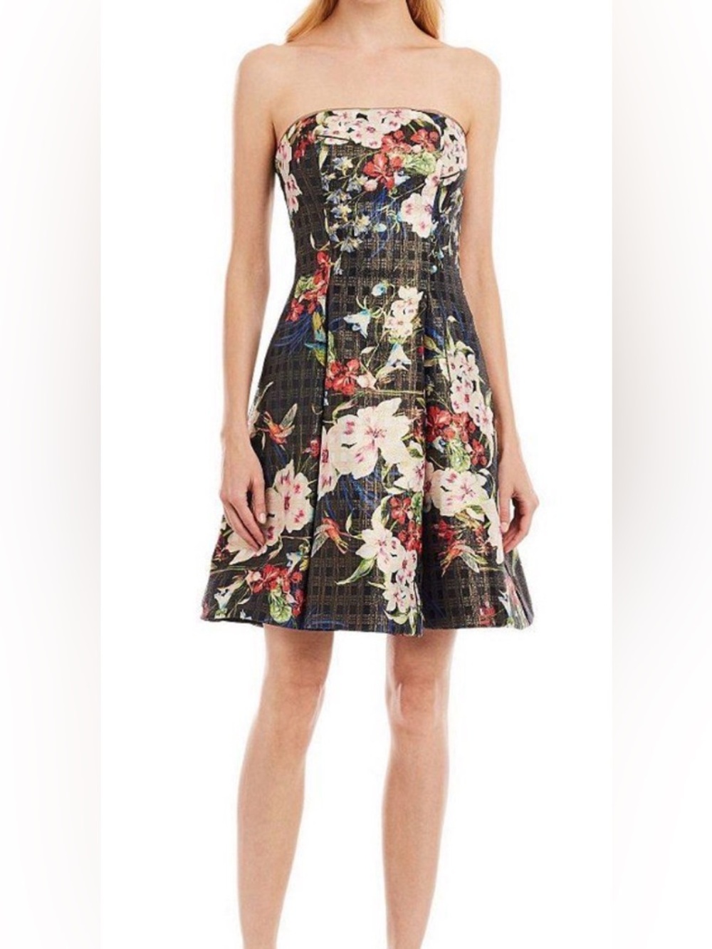 NWT- Nicole Miller Strapless Floral Fit-and-Flare Metallic Dress - Size 6